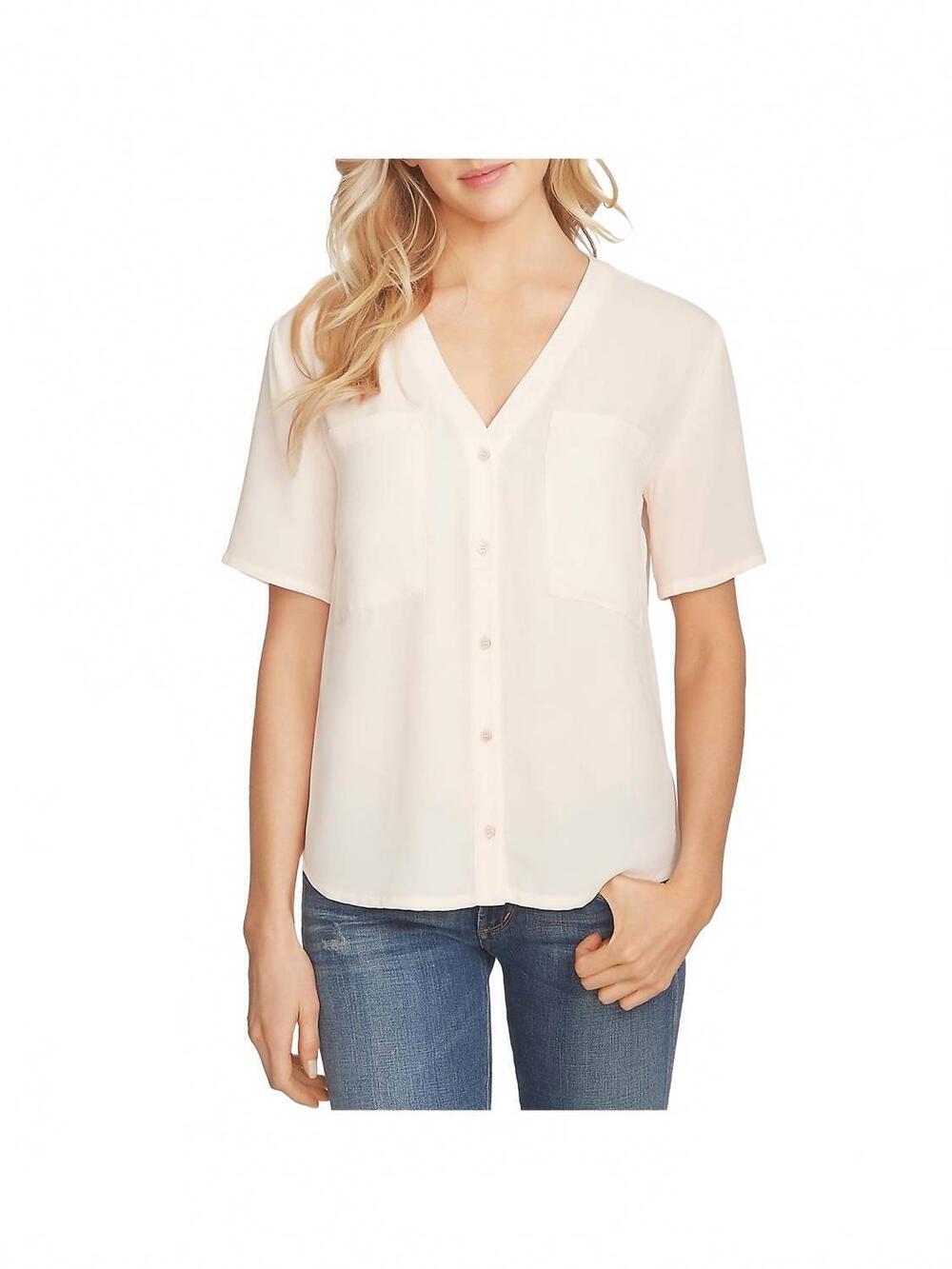 NEW 1.STATE chiffon short sleeves v neck button down shirt in peach